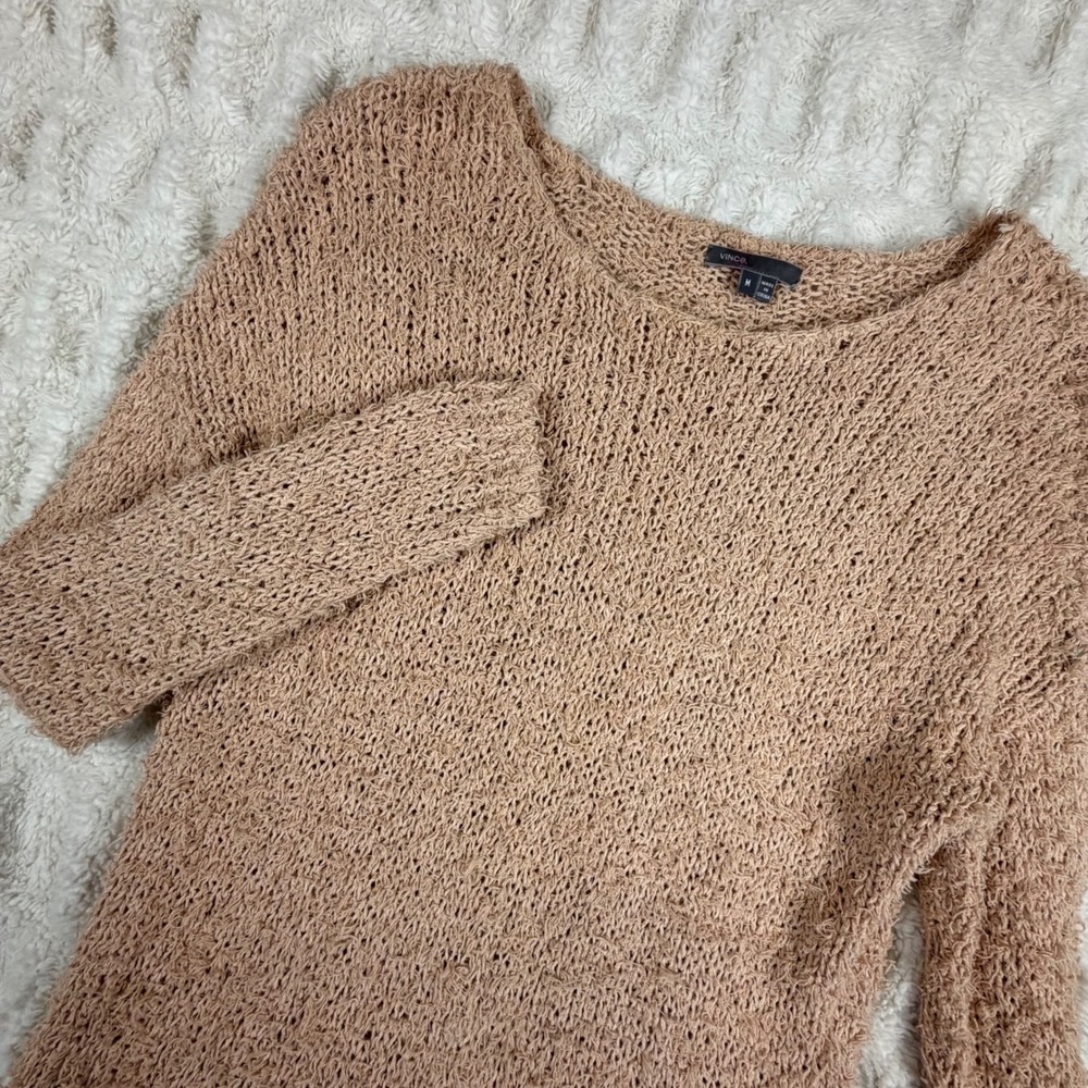 Vince Tan Open Knit Cotton Blend Sweater V092873985 Womens Medium Long Sleeve